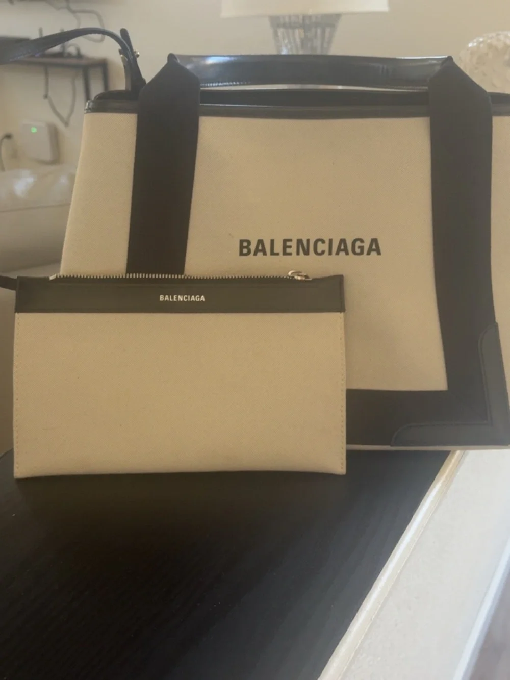 Balenciaga Cream Canvas Tote with Black Trim - Picture 2 of 5